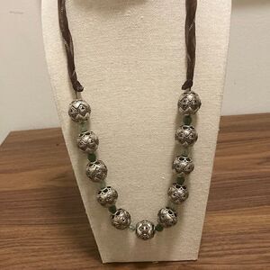 Handmade Necklace with Silver Plated Filagree & Jadeite Beads on Ribbon